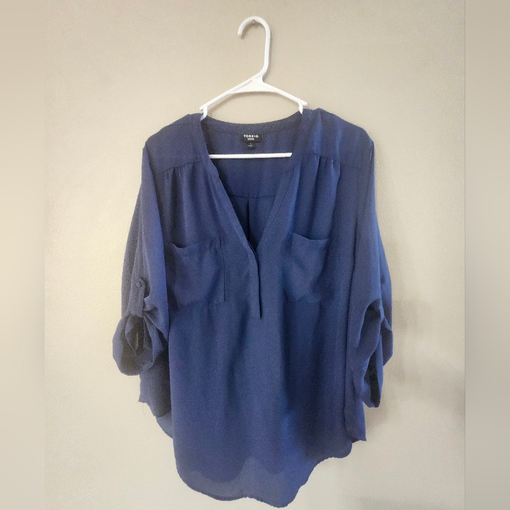 Elegant Navy Blue Torrid 3/4-sleeve, Women's Top